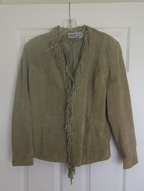Chico's Vintage Olive Green Leather Suede Fringe Jacket Size 1